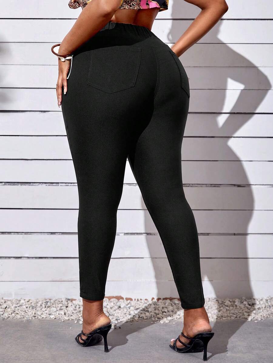 Celure 大碼純色高腰緊身褲 - 黑色 - 查看 1