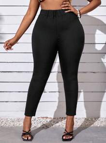 Celure 大碼純色高腰緊身褲 - 黑色 - 查看 2