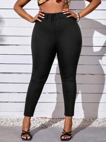 Celure 大碼純色高腰緊身褲 - 黑色 - 查看 3