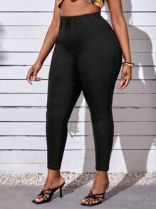 Celure 大碼純色高腰緊身褲 - 黑色 - 查看 4