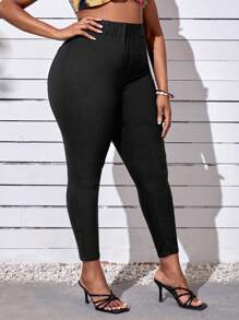 Celure 大碼純色高腰緊身褲 - 黑色 - 查看 5