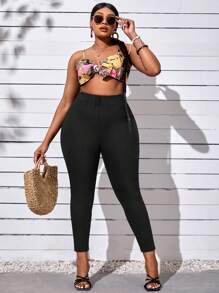 Celure 大碼純色高腰緊身褲 - 黑色 - 查看 6