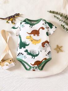 男嬰恐龍印花撞色滾邊連體衣 - 白色 - 查看 1