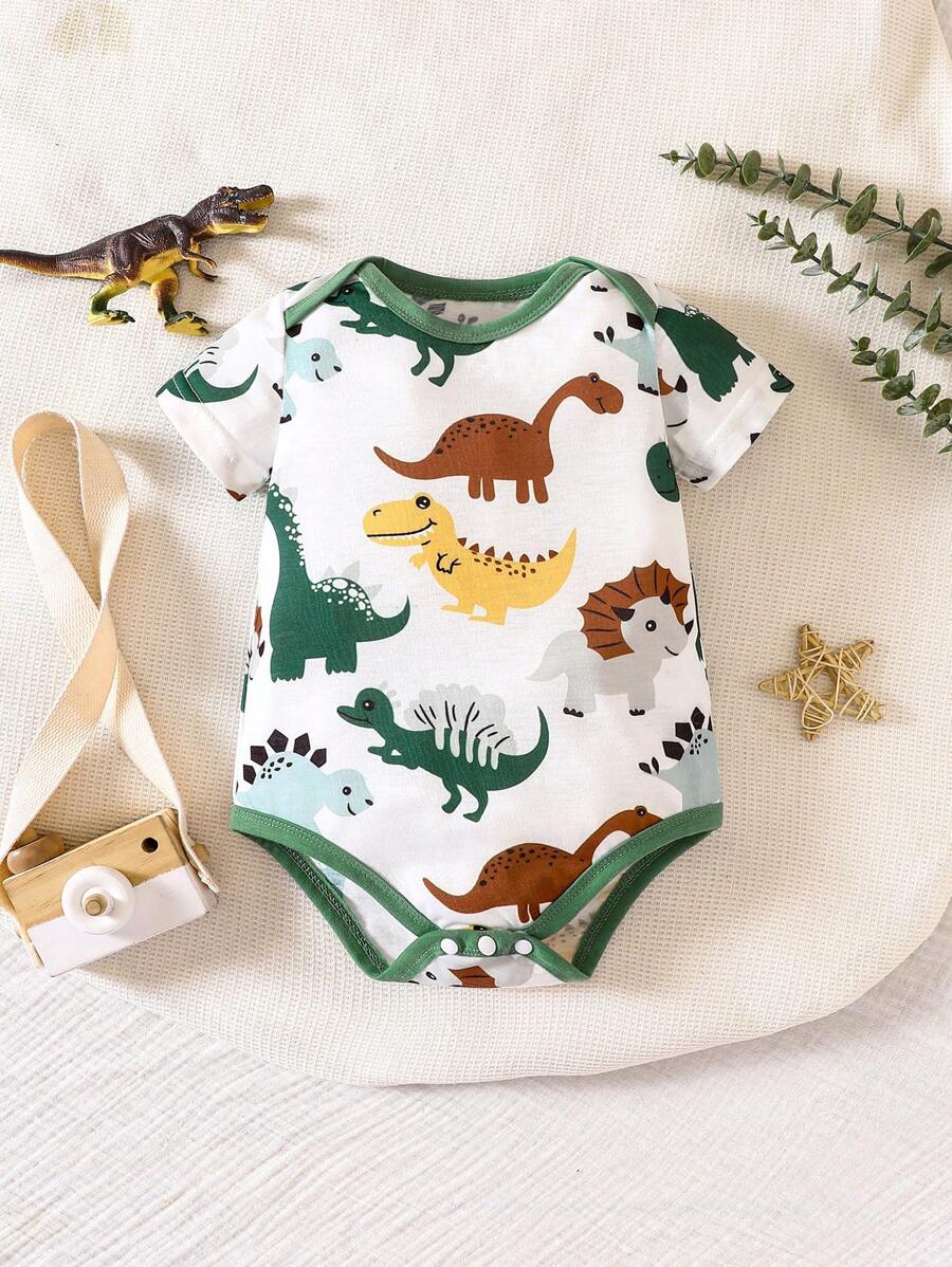 男嬰恐龍印花撞色滾邊連體衣 - 白色 - 查看 1