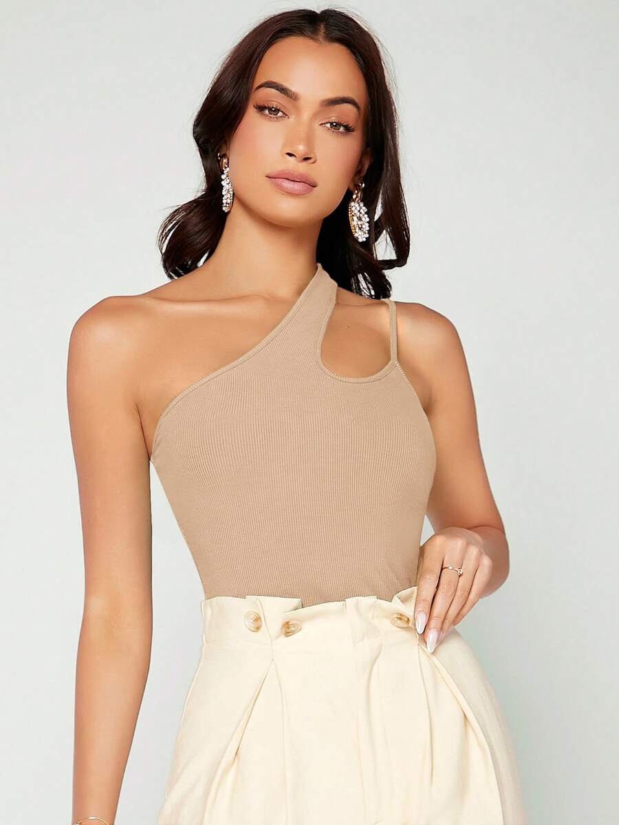SHEIN BAE Áo dệt kim có gân cắt một bên vai, đi ra ngoài - Màu be - Xem 1