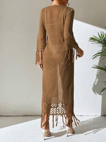 流蘇邊前繫帶和服罩衫 - 棕色 - 查看 2