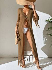 流蘇邊前繫帶和服罩衫 - 棕色 - 查看 3