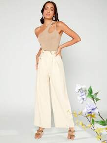 SHEIN BAE Áo dệt kim có gân cắt một bên vai, đi ra ngoài - Màu be - Xem 4