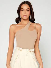 SHEIN BAE Áo dệt kim có gân cắt một bên vai, đi ra ngoài - Màu be - Xem 5