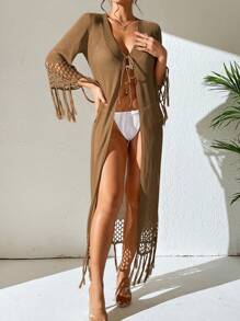 流蘇邊前繫帶和服罩衫 - 棕色 - 查看 5