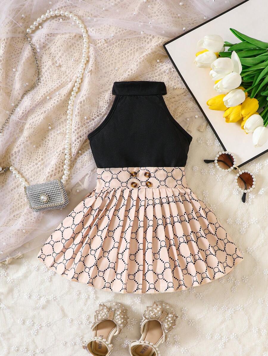 Bộ đồ Em bé Gân đan Quần paper-bag Xếp li Hình học Họa tiết vảy cá Họa tiết Chain - Nhiều màu - Xem 1