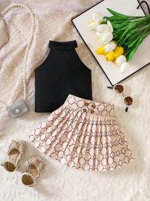 Bộ đồ Em bé Gân đan Quần paper-bag Xếp li Hình học Họa tiết vảy cá Họa tiết Chain - Nhiều màu - Xem 3