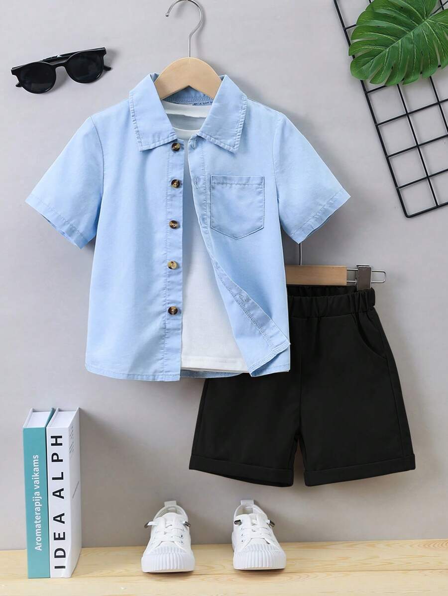 SHEIN 小男童口袋貼布襯衫和短褲不帶T恤