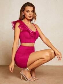 SHEIN BAE 不對稱領荷葉邊短款上衣和包臀半身裙