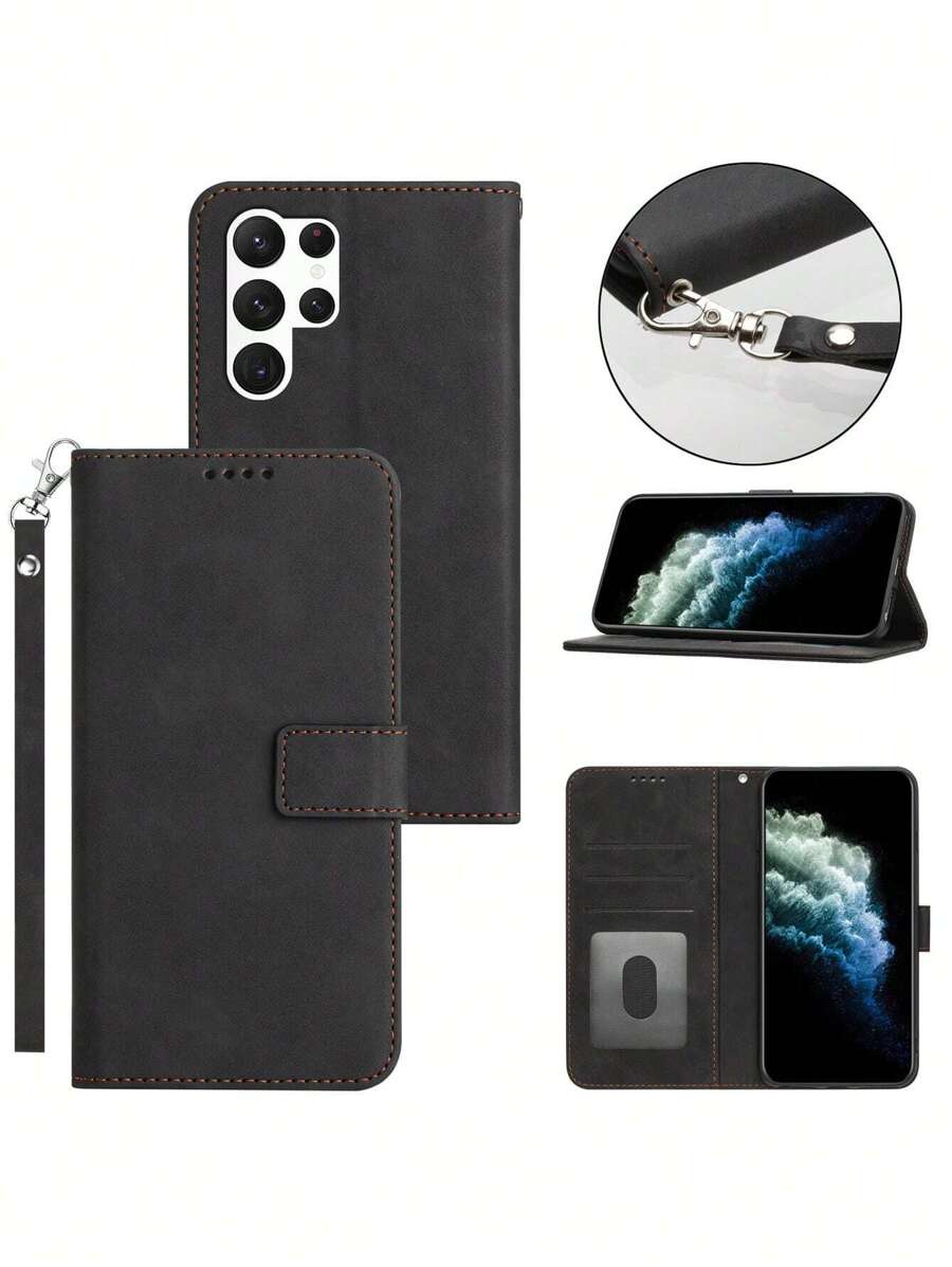 带手机挂饰的实心PU翻盖手机壳，兼容 15/15Plus/15Pro/15Pro Max，国际版，非国内版 - 黑色 - 查看 1