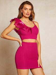 SHEIN BAE 不對稱領荷葉邊短款上衣和包臀半身裙