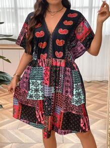 SHEIN Holidaya Đầm Plus Size Tương phản ren Paisley Chắp vá Boho - Nhiều màu - Xem 1