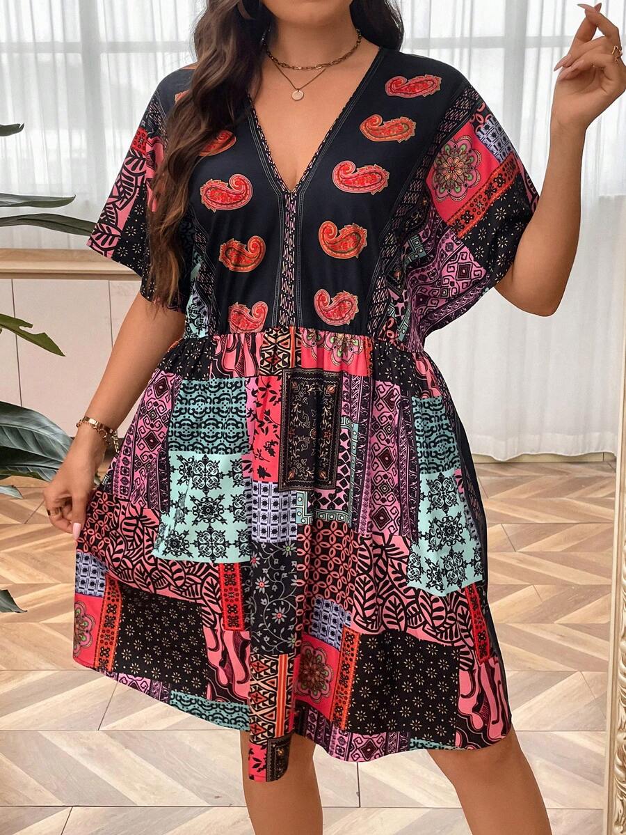 SHEIN Holidaya Đầm Plus Size Tương phản ren Paisley Chắp vá Boho - Nhiều màu - Xem 1