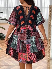 SHEIN Holidaya Đầm Plus Size Tương phản ren Paisley Chắp vá Boho - Nhiều màu - Xem 2