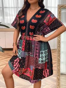 SHEIN Holidaya Đầm Plus Size Tương phản ren Paisley Chắp vá Boho - Nhiều màu - Xem 3