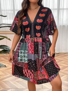 SHEIN Holidaya Đầm Plus Size Tương phản ren Paisley Chắp vá Boho - Nhiều màu - Xem 4
