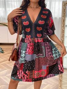 SHEIN Holidaya Đầm Plus Size Tương phản ren Paisley Chắp vá Boho - Nhiều màu - Xem 5