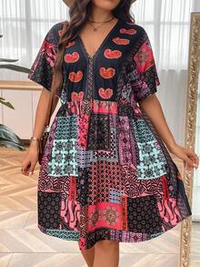 SHEIN Holidaya Đầm Plus Size Tương phản ren Paisley Chắp vá Boho - Nhiều màu - Xem 6