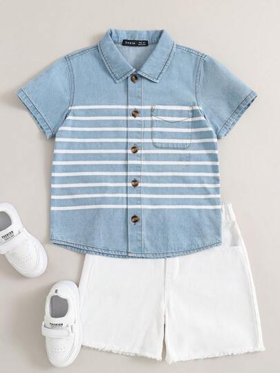 Garçon 1 pièce Chemise En Jean À Rayures