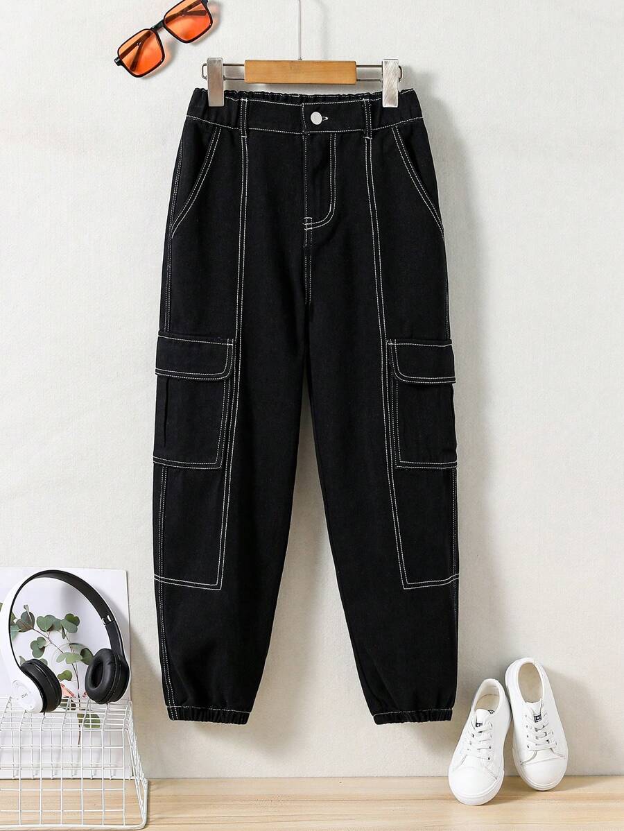 Girls Flap Pocket Side Cargo Trousers - Black - View 1