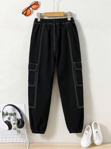 Girls Flap Pocket Side Cargo Trousers - Black - View 2