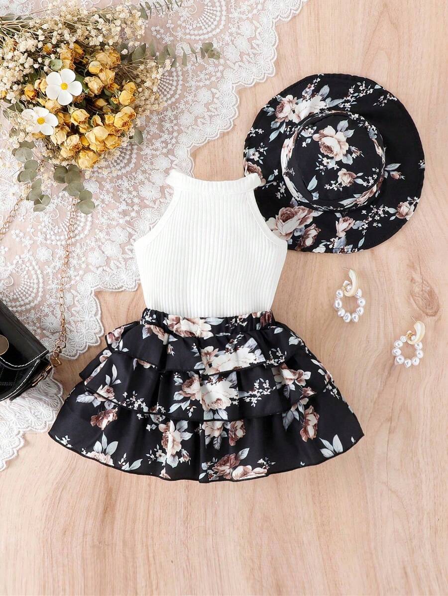 嬰兒掛脖上衣&印花層疊下擺半身裙&帽 - 黑與白 - 查看 1