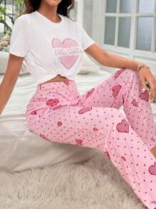 Conjunto de pijama con estampado de corazón y letra