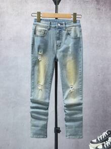 Boys Ripped Frayed Bleach Wash Jeans - Light Wash - View 1