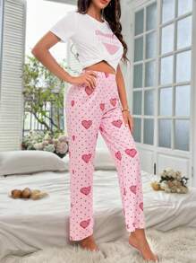 Conjunto de pijama con estampado de corazón y letra