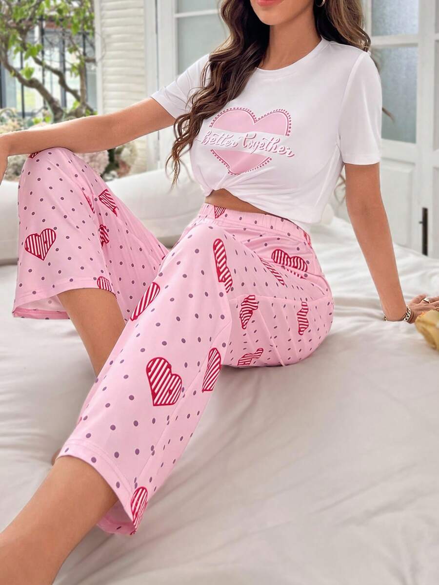 Conjunto de pijama con estampado de corazón y letra