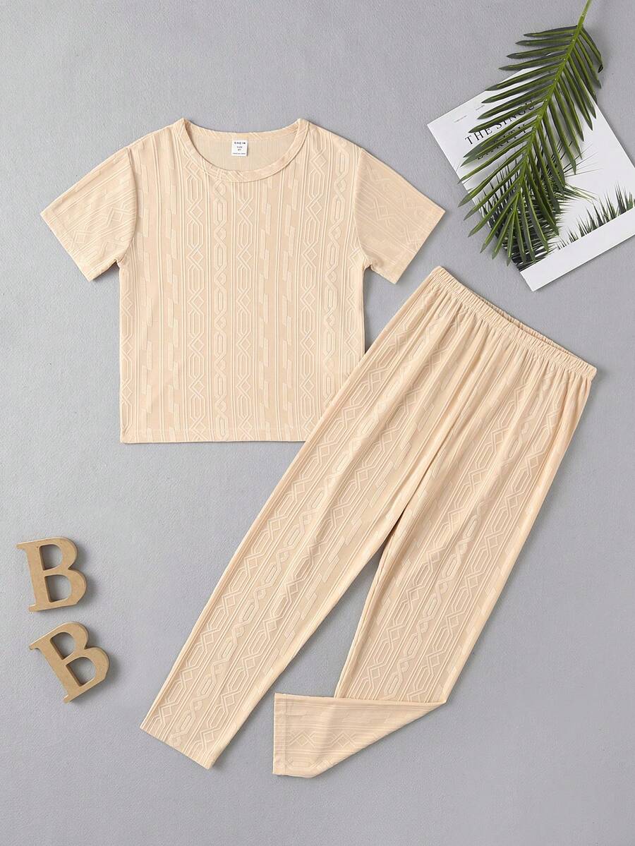 男孩素色T恤和褲子睡衣套裝 - 杏色 - 查看 1