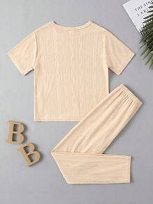 男孩素色T恤和褲子睡衣套裝 - 杏色 - 查看 2