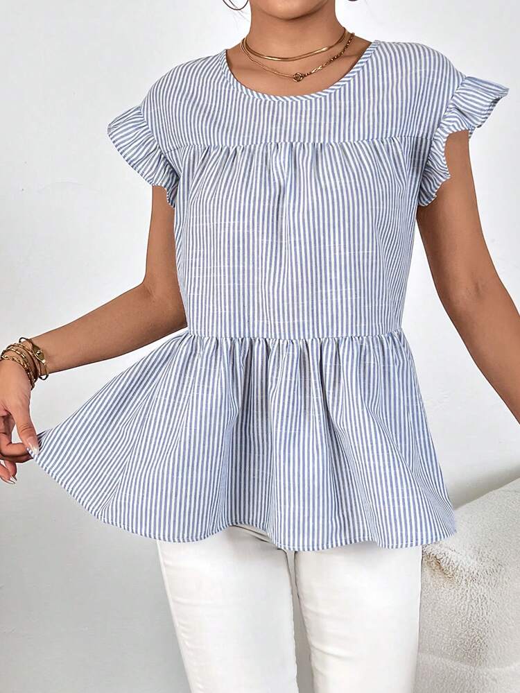 Striped Print Ruffle Trim Peplum Blouse