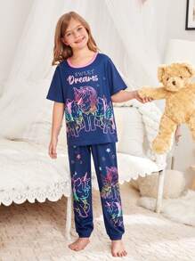 Girls Unicorn & Letter Graphic PJ Set - Royal Blue - View 1