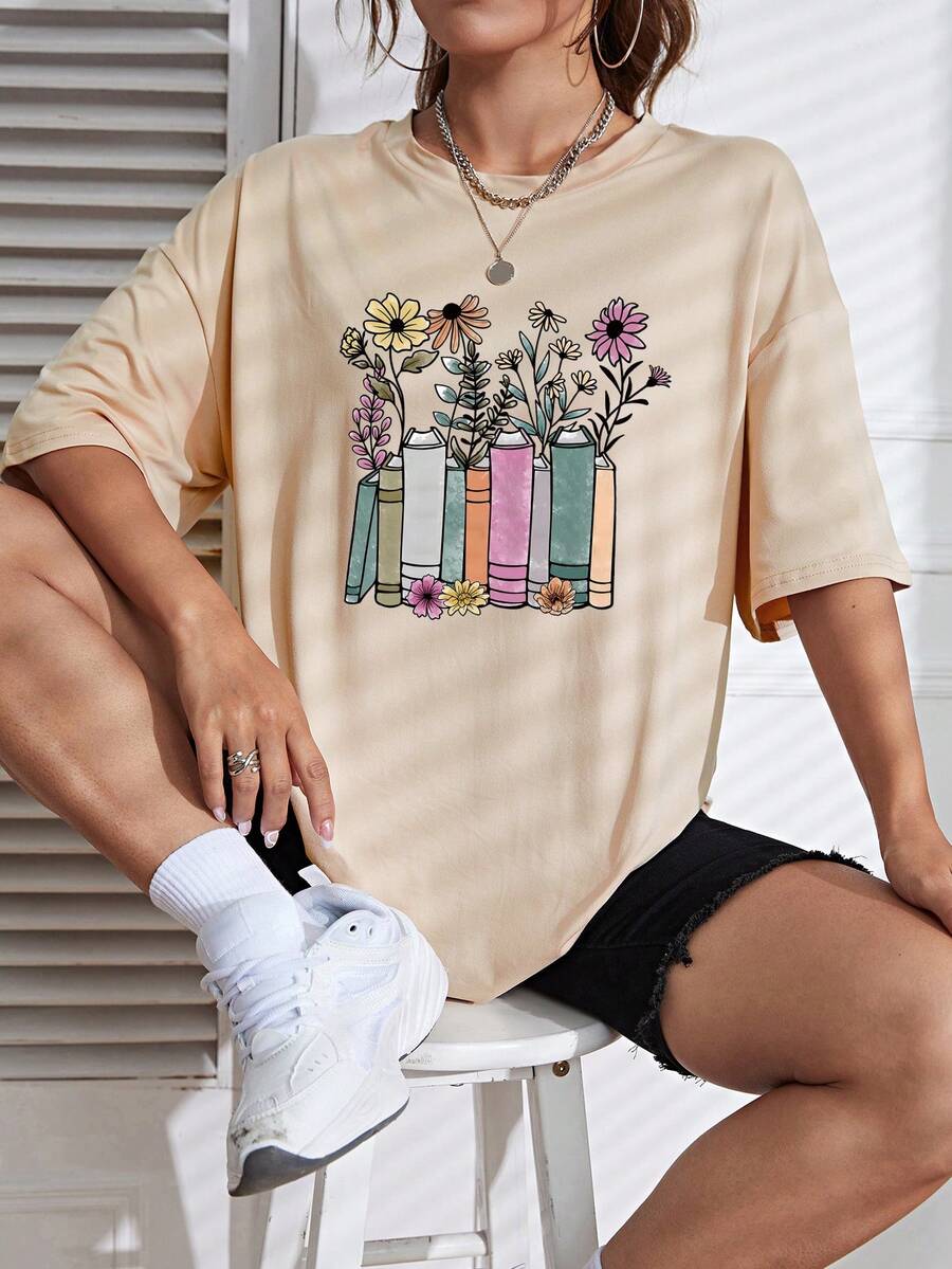 SHEIN EZwear Camiseta de hombros caídos con estampado floral - Albaricoque - Ver 1