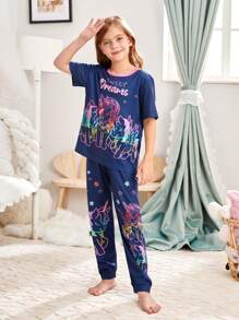 Girls Unicorn & Letter Graphic PJ Set - Royal Blue - View 4