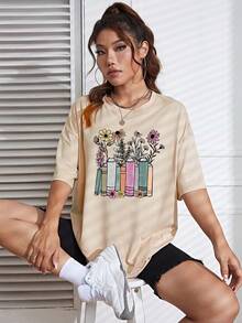 SHEIN EZwear Camiseta de hombros caídos con estampado floral - Albaricoque - Ver 3