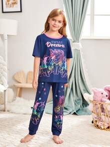 Girls Unicorn & Letter Graphic PJ Set - Royal Blue - View 5