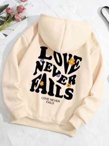 SHEIN EZwear Áo nỉ giữ nhiệt cỡ lớn in khẩu hiệu, có túi kangaroo và dây rút. - Màu be - Xem 1