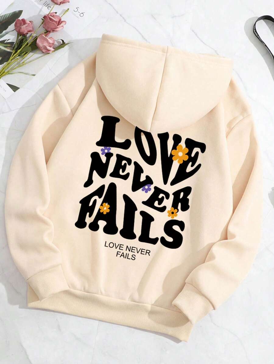 SHEIN EZwear Áo nỉ giữ nhiệt cỡ lớn in khẩu hiệu, có túi kangaroo và dây rút. - Màu be - Xem 1