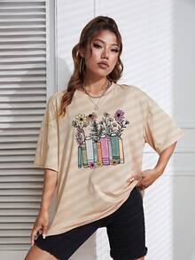 SHEIN EZwear Camiseta de hombros caídos con estampado floral - Albaricoque - Ver 5