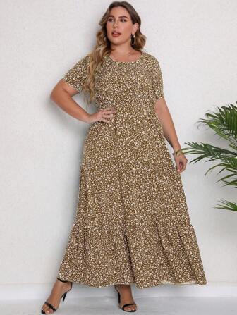 Plus Ditsy Floral Print Ruffle Hem Dress