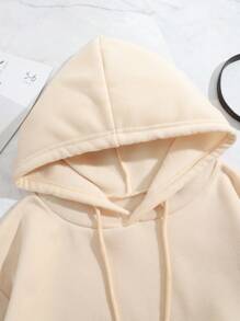 SHEIN EZwear Áo nỉ giữ nhiệt cỡ lớn in khẩu hiệu, có túi kangaroo và dây rút. - Màu be - Xem 5