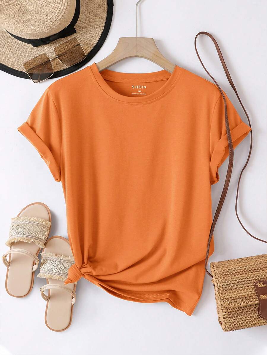SHEIN EZwear Plus Solid Batwing Sleeve Tee - Orange - View 1