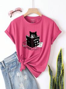 SHEIN LUNE Áo thun nữ Hoạt hình Slogan Giải trí - Màu Hồng Tươi - Xem 1